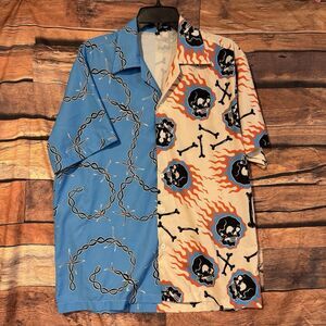 Streetwear Men's Large Fire Skull Chain Barbed Wire Patchwork Shirt Camp